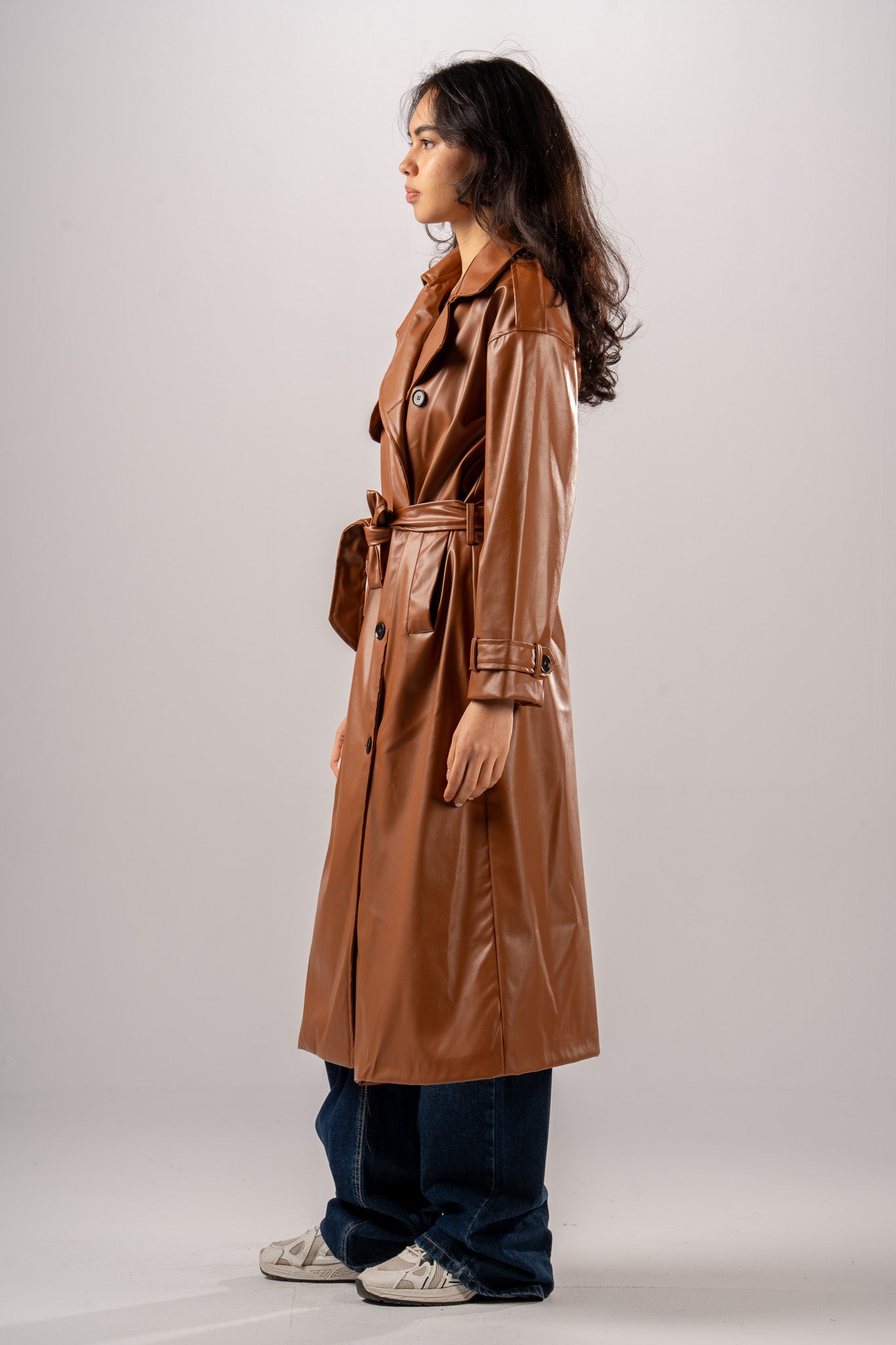 Brown Double Breast PU Coat